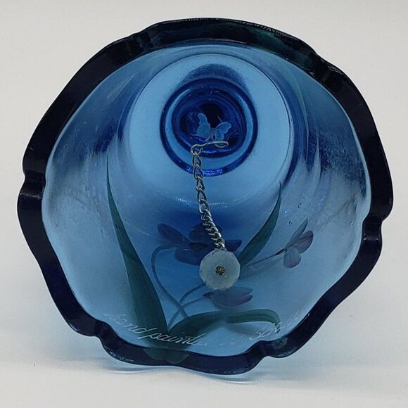 Fenton Signed Hand Painted Blue Floral Art Glass Bell - Picture 3 of 12